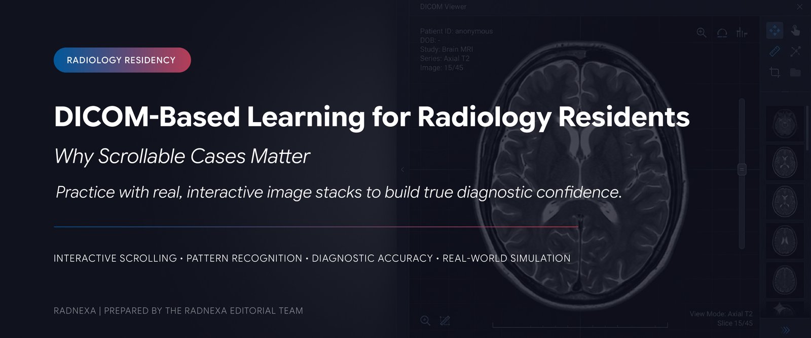 Comparison of a single static radiology image with a scrollable DICOM study stack and viewer tools